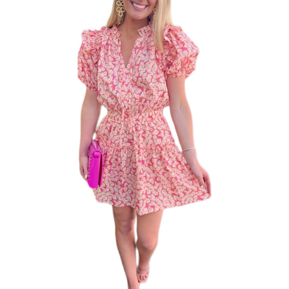 Avara Spencer Pink Floral Mini Dress Ruffled Short Puff Sleeves Size Medium